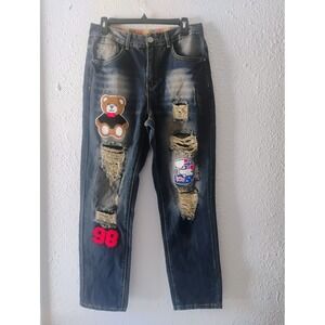 Artsy Upcycled Patched Size 30 Hippy Jeans 5pockets Distressed Teddy Bear Denim
